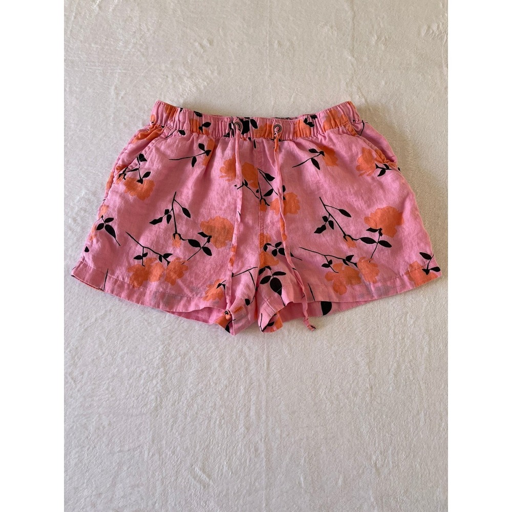 Cynthia Rowley 100% Linen Shorts Womens L Pink Floral Drawstring Pockets Beach